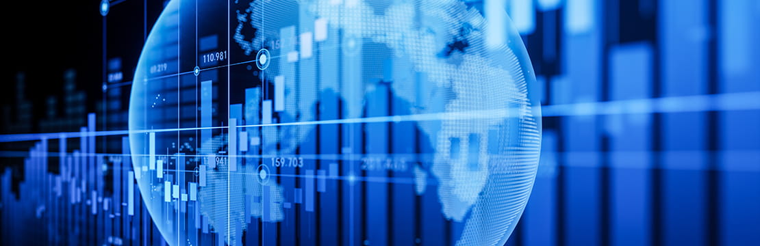 Transparent globe image super imposed on stock chart.